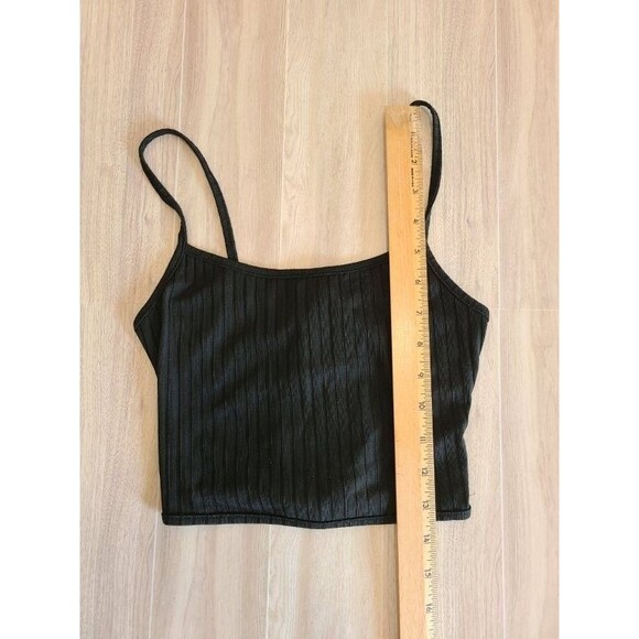 Shein Black Ribbed Crop Tank Petite XXS Tie Front Ruffle Detail Sleeveless Top - Picture 5 of 7